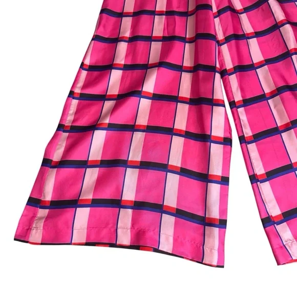 Paper London Size 6 Pink Silk Miami Check Wide Leg Pants Trousers Chic Pockets - Picture 3 of 8